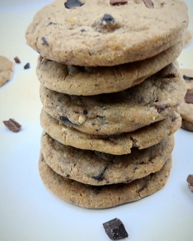 A stack of Boxx65 chocolate chunk cookies